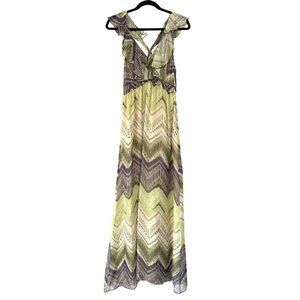 Hale Bob Green Purple Chevron Print Silk Maxi Dress Size L Ruffle Flowy Boho